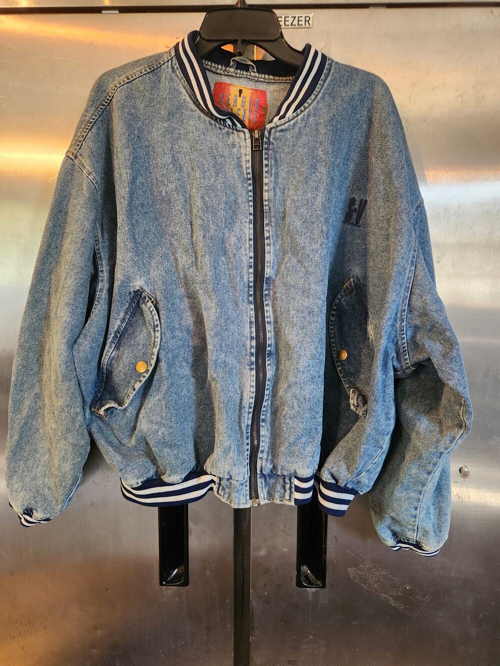 Vintage Sergio Valente Denim Jacket Men's Size XL Striped Ribbed Trim